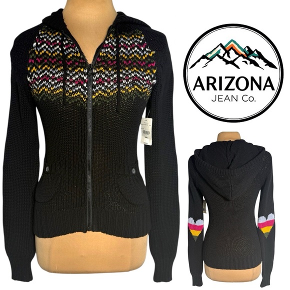 Vintage Sweaters - Y2K black multicolor rainbow zip up hoodie sweater Arizona Jeans Co